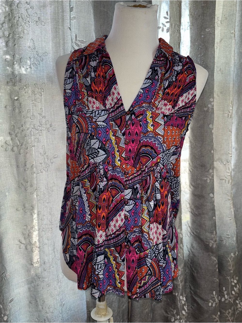 Anthropologie Sleeveless V-Neck Tank in Pink, Orange, Purple & Black Print